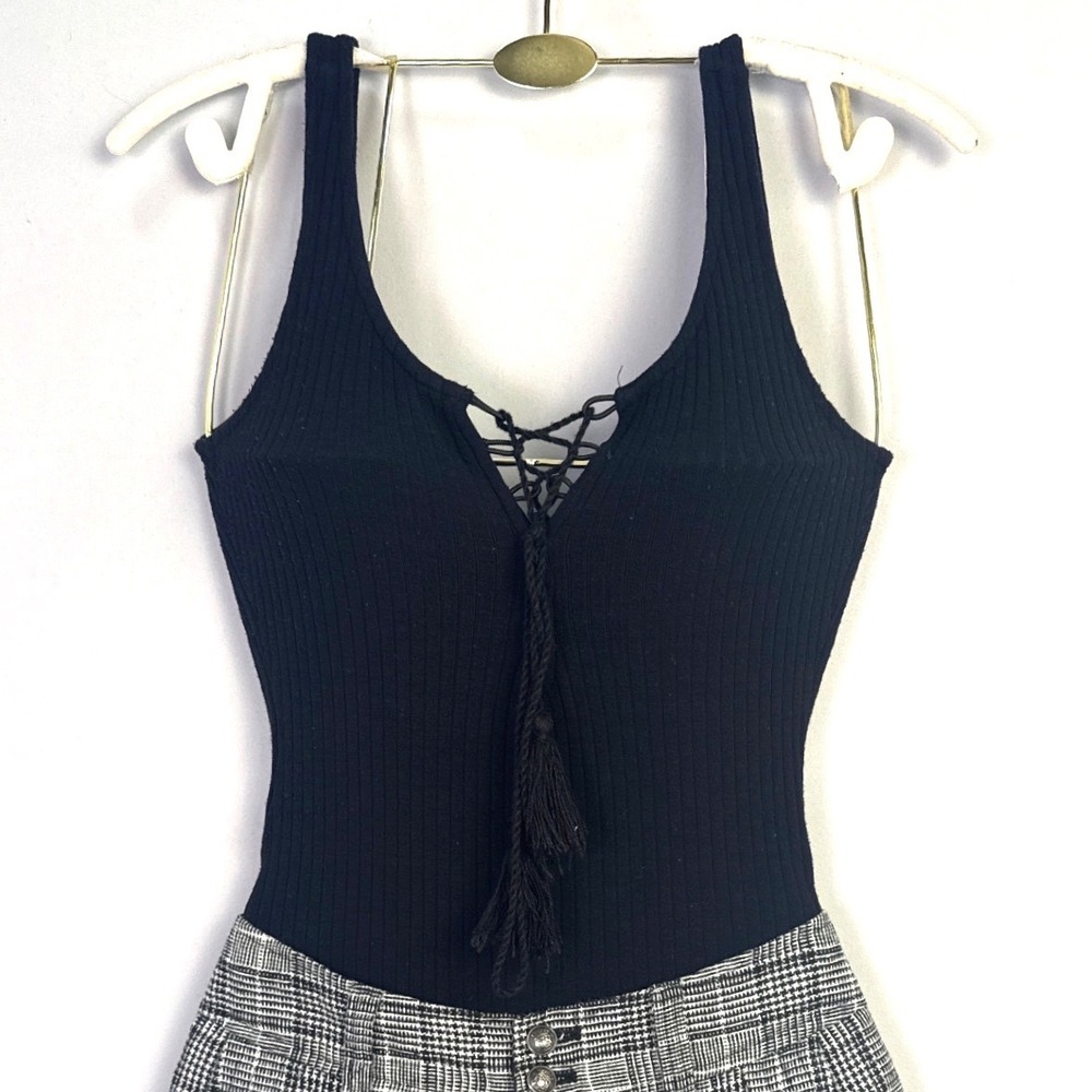 Blue Steel Black Ribbed Lace Up Tassel Bodysuit Sleeveless Size P Small